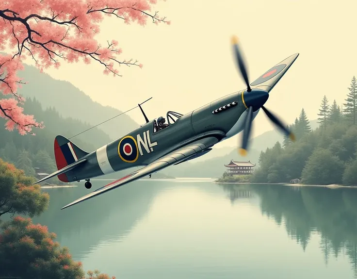 (((Japanese painting)))。Supermarine Spitfire flying over a lake