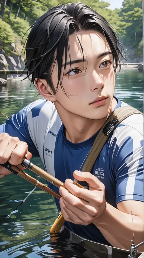 (photorealism:1.2), very Handsome japanese man, 22-27 year-old, tight jersey, fishing, Europe 