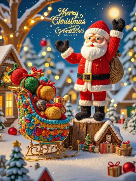 Woolen yarn , hand woven, Micro Landscape，Christmas snow ， designing an epic 、 cinematic picture ， The echoes of the 。 bathed in a cinematic fog created by golden lights ， He combines the characteristics of traditional Santa with a smooth mechanical enhanc...