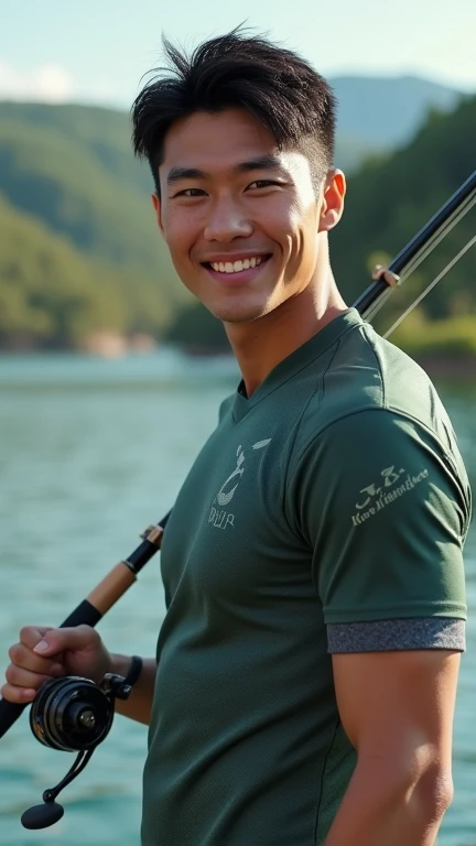 (photorealism:1.2), very Handsome japanese man, 22-27 year-old, tight jersey, fishing, smile, Europe 