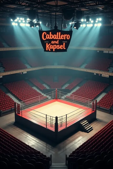 Boxing stadium with a ring ,  without people from a winged ring perspective,  with a sign that reads Caballero and Kapsel 