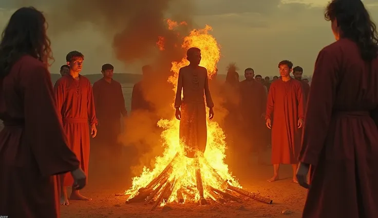 A surreal moment of the Cremation of Care ritual, with a symbolic effigy burning on a pyre, while participants in robes glance ominously at the camera, with warm golden lighting, paiting, cinematic quality, 8k, photograph, 3D,