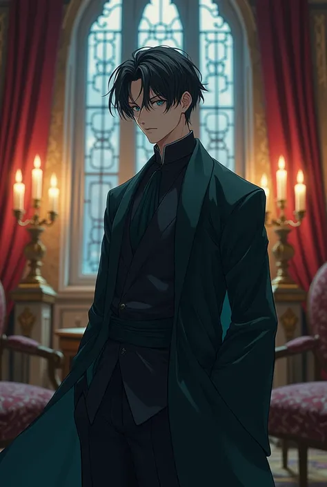 Make a male anime character with dark-gray to black hair, dark-cyan eyes, a slim complexion and dark-gray chinese oriental clothes against a royal victorian-era palace background.