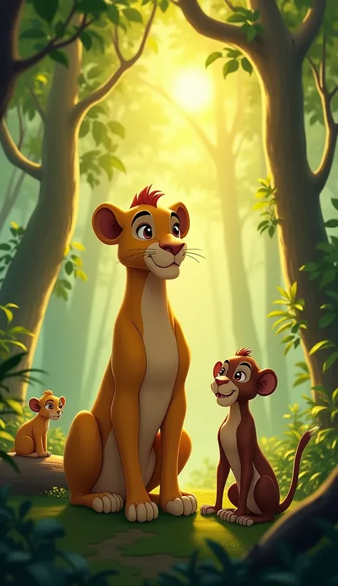 "Create an animated scene of a lioness and a monkey standing side by side in a lush, vibrant forest. The lioness is elegant and golden, with a calm yet regal expression, standing tall and relaxed. The monkey looks mischievous and sly, glancing at the lione...