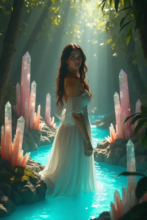 1girl, gorgeous European face, sparkling green eyes, long eyelashes, long white dress, very large breasts, Hundreds of neon colored quartz crystals 6 to 9 feet tall, Many hundreds of  Extremely Large((taller than the girl))and thick crystal point formation...