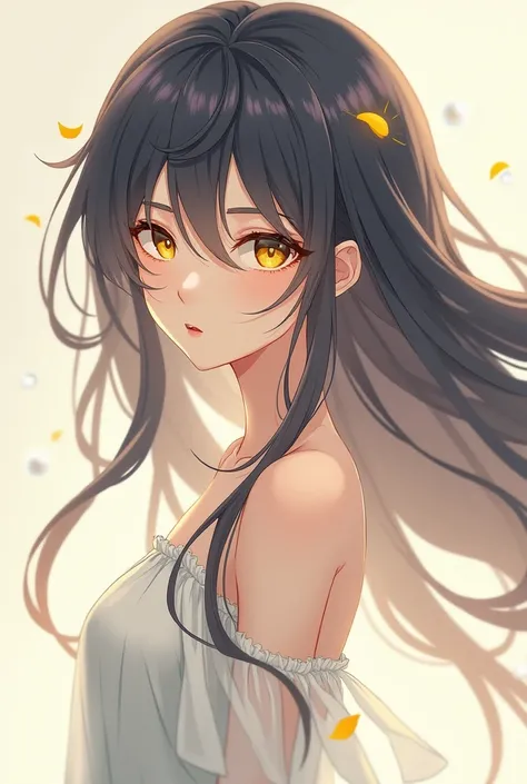 Beautiful girl with long hair, yellow eyes, left, yellow, right, white anime