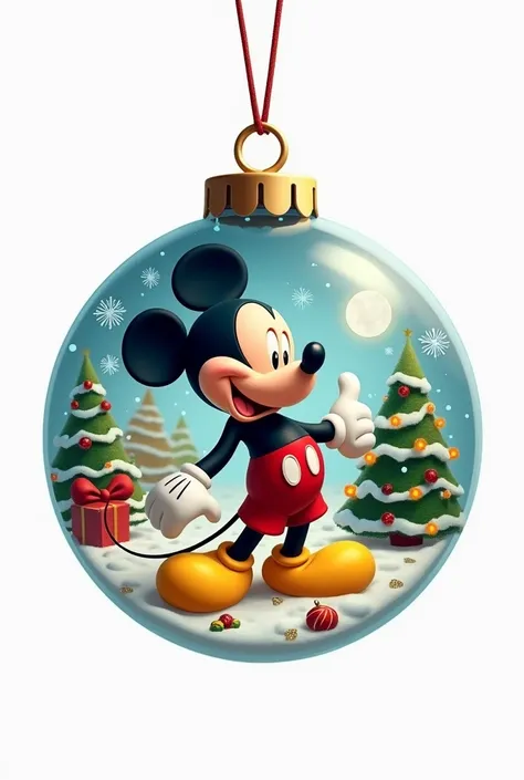 Mickey Noël, avec un décor de noël. Dans une boule de Noël à suspendre. Fond blanc 