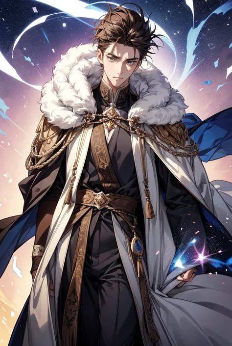  a 175cm tall guy with hair below his neck,  dark brown hair , closer to black man , heterochromic eyes ,  one is blue and the other is brown .  Skinny body type , , a 175cm tall guy with hair below his ears is dressed in a magic cloak , ish  