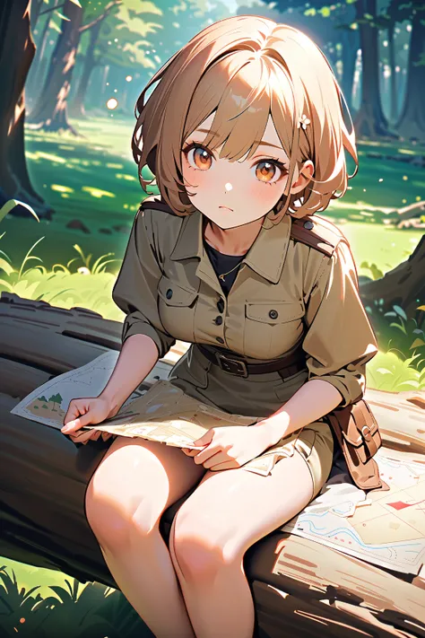 1 girl, (cute face), teenager, short hair, (thoughtful expression), (sighing while looking at a treasure map), medium breasts, slim, (wearing a practical explorer outfit), (lightly tanned skin),  
BREAK  
Serene forest clearing, treasure map in hand, (sitt...