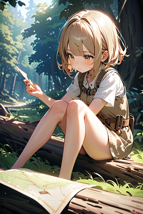 1 girl, (cute face), teenager, short hair, (thoughtful expression), (sighing while looking at a treasure map), medium breasts, slim, (wearing a practical explorer outfit), (lightly tanned skin),  
BREAK  
Serene forest clearing, treasure map in hand, (sitt...