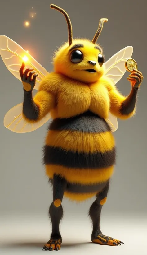 A human-shaped bee with its arm folded showing its biceps with an alight in one hand and in the other hand blowing a Louis dOr