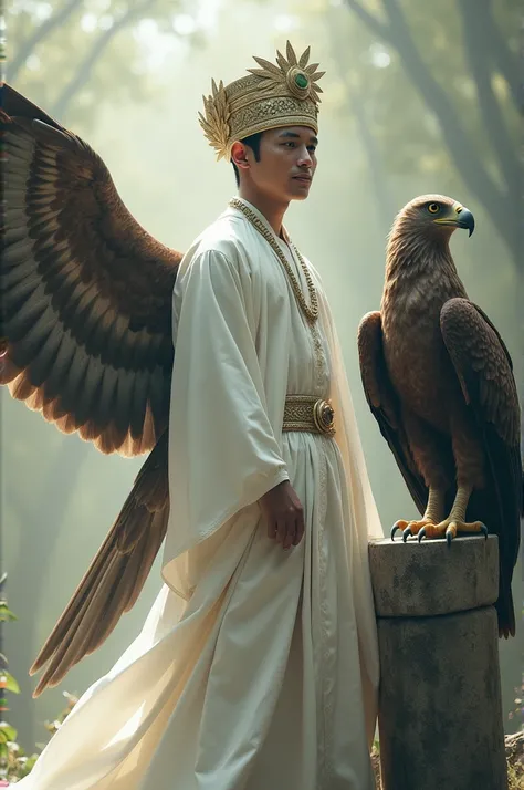 A man wearing a blangkon in a white dress and accompanied by an eagle