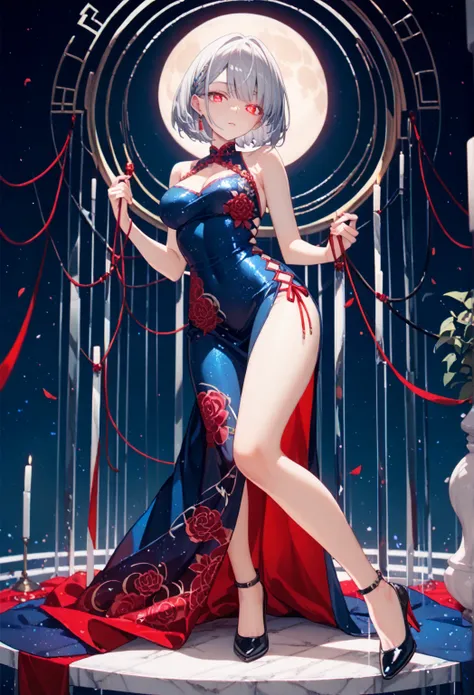 intricate details, delicate features,1girl, Alone,silver hair, red glowing eyes, bob cut sharp facial features, breasts,porcelain skin,1girl, solo,jacquard dress ,high heels,night view,moon