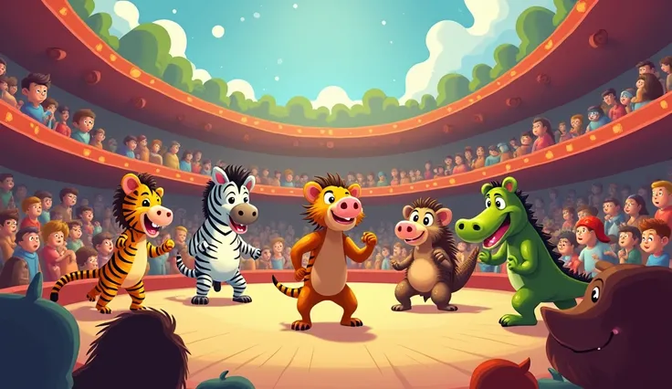 A cartoon tiger,Zebra,crocodile,hedgehog,wild boar are performing in the arena full of cartoon audience  inside a zoo