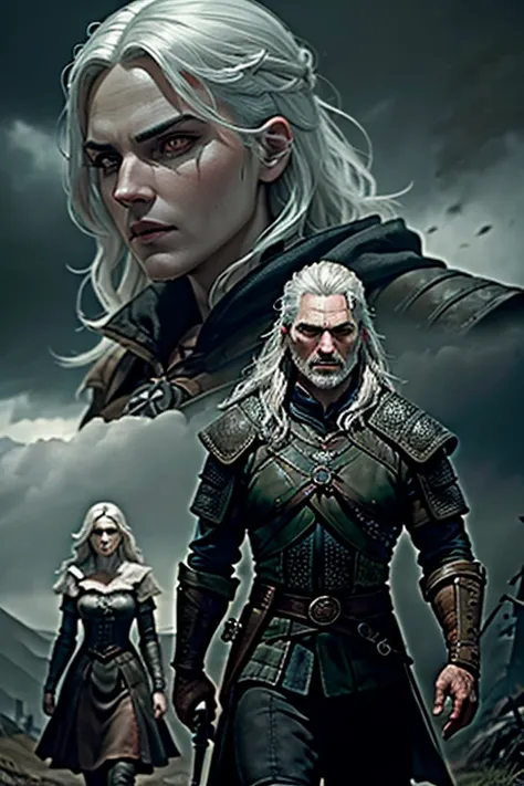 Geralt von Riva Witcher and Ciri and wolves who walk on a battlefield where a storm is raging in the middle with blood-red eyes and evil looks on the right and left are soldiers who are afraid