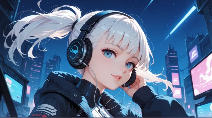  top quality, White Hair Girl, Straight ahead ,  Viewers Perspective,  headphones , Adorable, Futuristic clothing, night, atmospheric background 