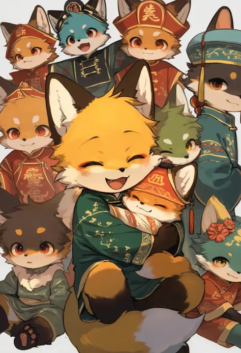  hug，Fox Boy，furry boy， toddlers，Vintage clothing， traditional Chinese costume， fox woman，furry woman， traditional Chinese costume，Floating Life