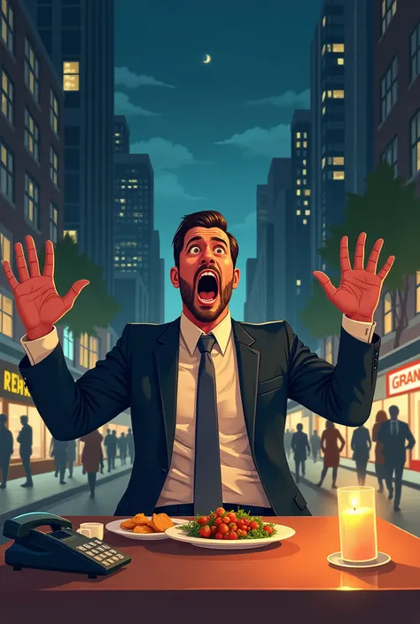  The picture is a digital illustration of a  sitting at a table in a city at night .  wearing a suit and a tie with an expression of surprise on his face. .  with his arms extended wide and his eyes wide open, as if he was shocked or surprised by something...