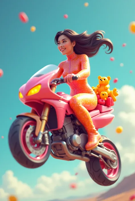 Create a woman wearing a gummy jelly suit driving a motorcycle into the air
There is a bear jelly candy piled on the back.