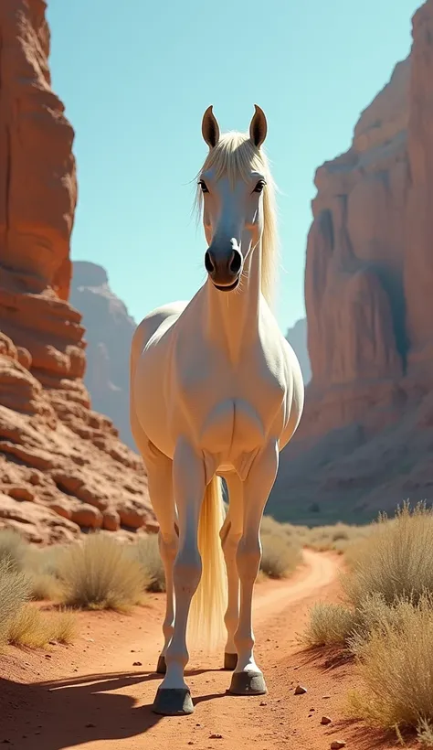 Description:
A noble horse  , with shiny white fur ,  is next to a golden sandstone rock with veins of blue crystals that reflect sunlight.  The horse is in an alert position ,  with its ears raised and its head held high ,  as if it were the protector of ...