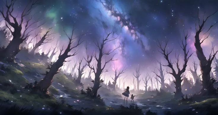  starry sky 　forest　 Milky Way　 dark-haired girl 　 Tattered Clothes　 scenery main 　anime