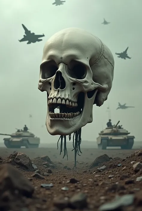 A living skull walking in the minefield ,  representing the absolute horror ,  in a world war minefield .  The emptiness of the hole in your eyes is deep , tormented by war ,  this creature is the symbol of the agony of a soldier tormented by war memories....