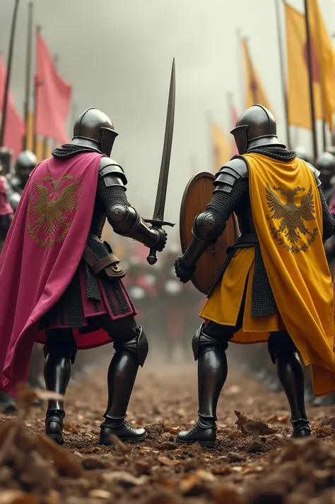 a pink knight and yellow knight with swords and sheilds charging against eachother and the sheild is facing the camera with a war as between the two knight’s army as a background