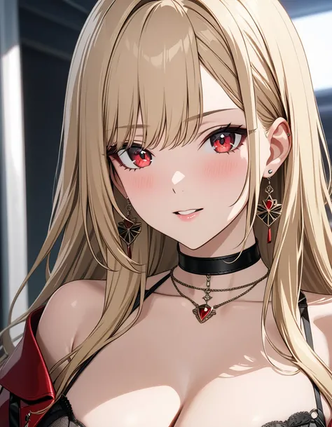 (ナイトドレス:1.5), masterpiece:1.5, masterpiece, highest quality, Kitagawa Marin, 1girl, カーボーイショット, blonde hair, long hair, multicolored hair, red eyes, jewelry, earrings, piercing, black choker, UHD, retina, masterpiece, accurate, anatomically correct, texture...