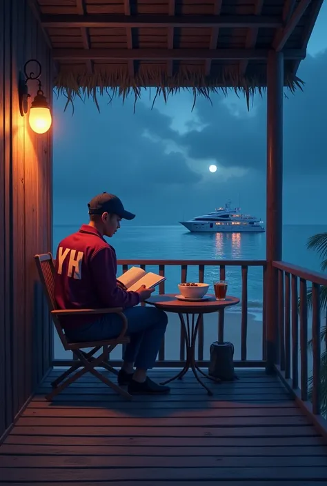  A 26-year-old Indonesian man wearing a navy blue hat and a maroon red jacket that read YH,  sitting reading a book on the porch of a fenced second floor wooden house with the light of a lamp , nearby there was a bowl of soto chicken and iced tea on the ta...