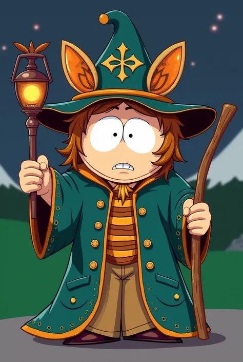 A south park styled , A  who is a moth Wizard, mainly wears a jacket with moth coloring and design, has a chest fluff thing moths have on his own chest, has an inner shirt which are stripes of the moth body, wears tan pants, holds a small wooden stick, the...