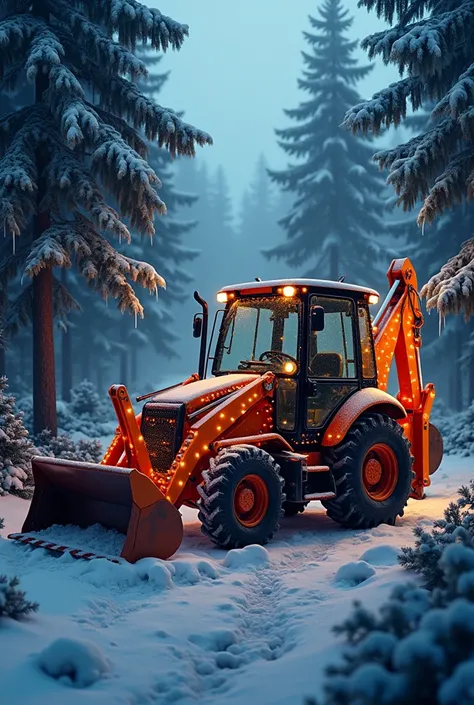  Image of a backhoe adorned with Christmas lights, with Christmas forest background  