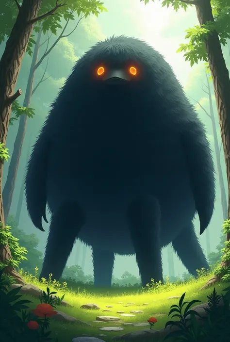 Fur covered tardigrade, gentle giant, eight legs, long black fur, glowing orange eyes, in a sunny forest, grazing on grass