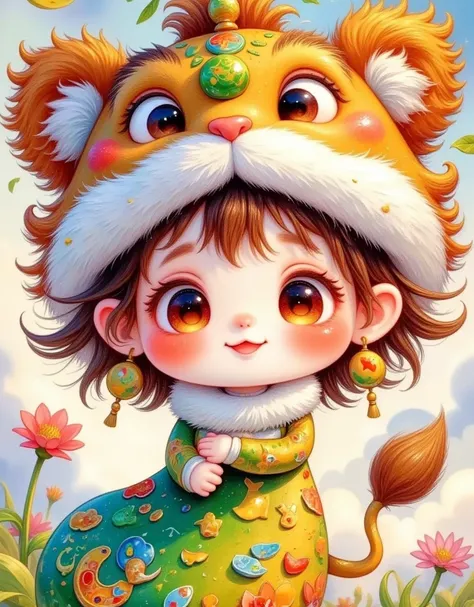 cute girl with lion hat。