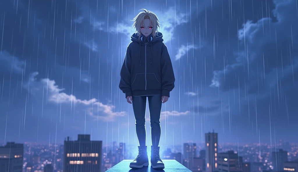 - [ ] Golden Eyes, Red eyes, accurate, Best Quality, High resolution, Ultra high definition, Very detailed, Blonde, Messy Hair、chest, night、rain、City、Beautiful sky、headphone、Black hoodie、Rim Light、Game characters、solo、1 person、On top of a building、Empty-ha...