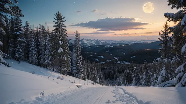 1. A snowy, desolate mountain pass under a full moon, surrounded by tall pine trees.