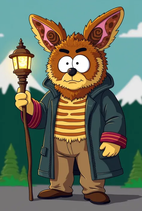 A south park styled , A  who is a moth Wizard, mainly wears a jacket with moth coloring and design, has a chest fluff thing moths have on his own chest, has an inner shirt which are stripes of the moth body, wears tan pants, holds a small wooden stick, the...