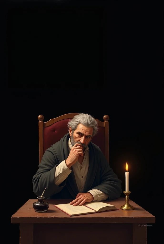 a philosopher siting on a chair, holding pen, thinking, candle and ink on the table, black background 