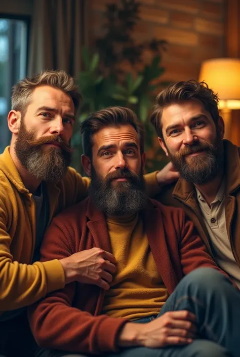 three male friends , one very bearded ,  another with a big nose and a millionaire with a beard
