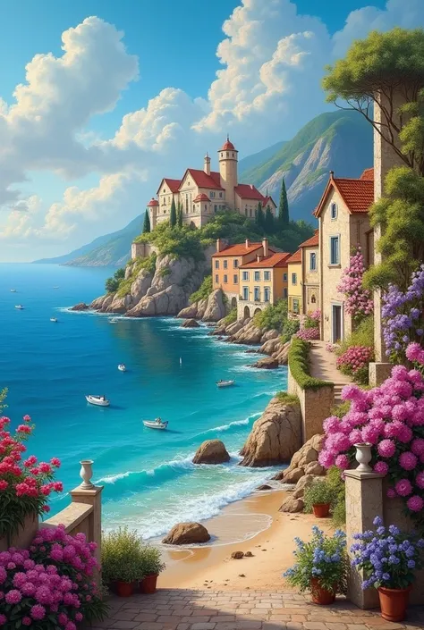  oil painting The picturesque seaside with rows of charming houses decorated with blooming flowers leads to a magnificent castle perched on a hill, semuanya berlatar belakang bright langit biru dan awan putih halus, realism, bright,art soft painting rococo...