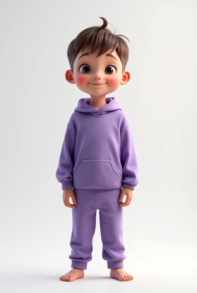 1 boy, solo, skinny body, happy, Thinking,In a purple sweatshirt, with white background, hands down, standing straight, looking towards the camera, front face, looking straight, cute face