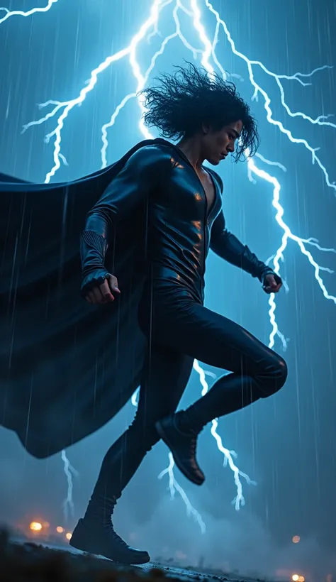 Lightning strikes as a charismatic Indonesian man with long curly hair, straight hair leaps, wearing a luxurious metal glossy black and blue hybrid black phanter and vegeta. His face is visible, without a mask. Beside him, death note matches his movements,...