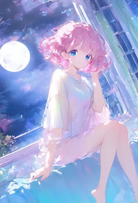 1girl, solo, pink hair, aquatic shining blue Eyes,short hair,She wearing beige vertical spriped knit shirt,she sit on the bed,barefoot,she shows herfeet at The viewer, BREAK room:the window behind her head, outside the window,beautiful night town,full moon...