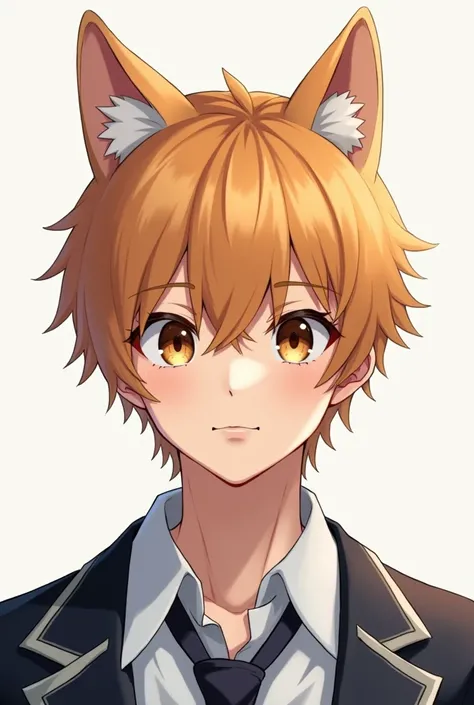 a highschool guy, school uniform , slightly muscular, orange-blonde-ish hair, brown eyes, shiba inu ears, semi-realistic, front face, short hair.