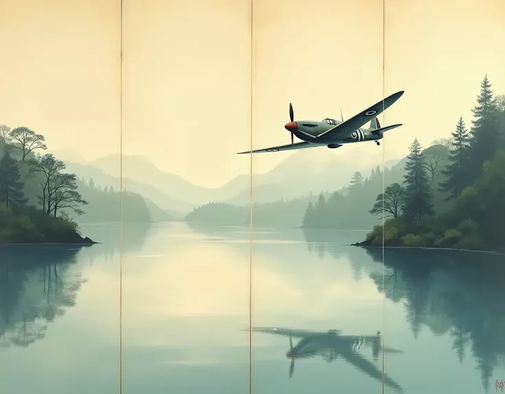 (((Japanese painting。screen)))。Supermarine Spitfire flying over a lake