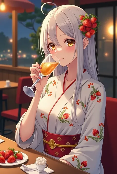 A woman in a kimono with white skin and slender straight long white hair and yellow eyes,  wearing a white kimono with gold embroidery of strawberries 。Drinking sparkling wine with strawberries 。 sitting on a terrace seat in a bar that looks like a cafe te...