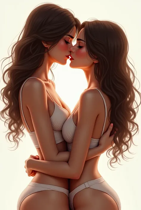 2 very hot and pretty girls with glossy lips and brown hair standing togather, hugging and kissing, white background