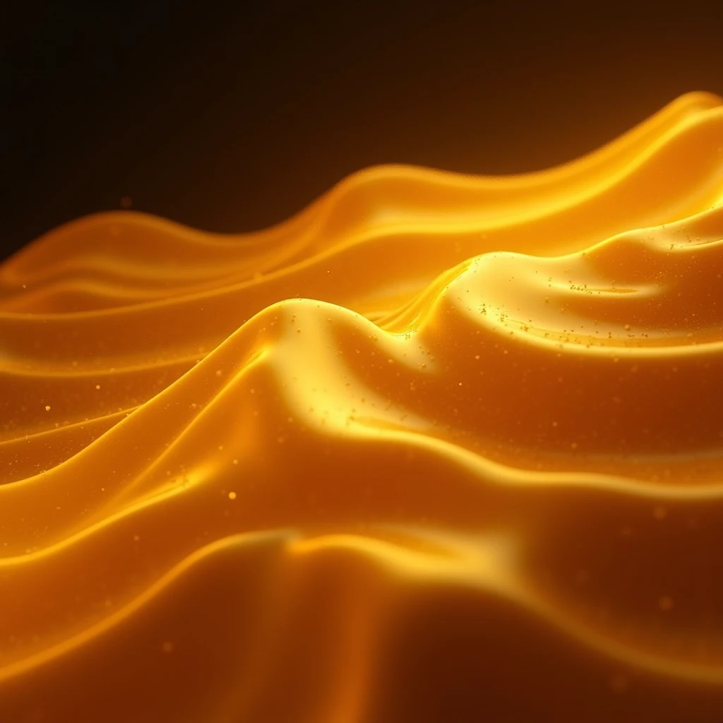 A close-up of molten gold flowing and shimmering with intense light. The liquid appears smooth and radiant.