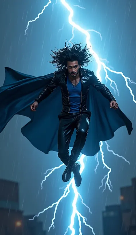 Lightning strikes as a charismatic Indonesian man with long curly hair, straight hair leaps, wearing a luxurious metal glossy black and blue hybrid black phanter and vegeta. His face is visible, without a mask. Beside him, death note matches his movements,...