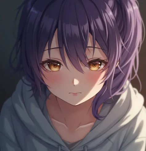 bird eye shot. she is blush. she is puple hair, side ponytail ,half-closed eyes, gold eyes. close up. close to her, closely attached to her. Hooded sweatshirt.