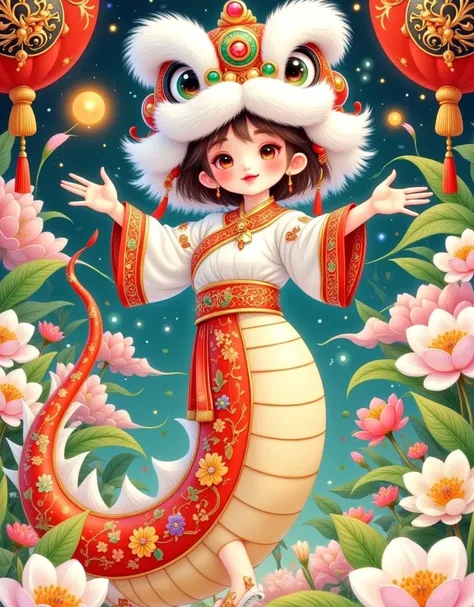 beautiful lion dancing girl，Chinese lion hat， Chinese Year 